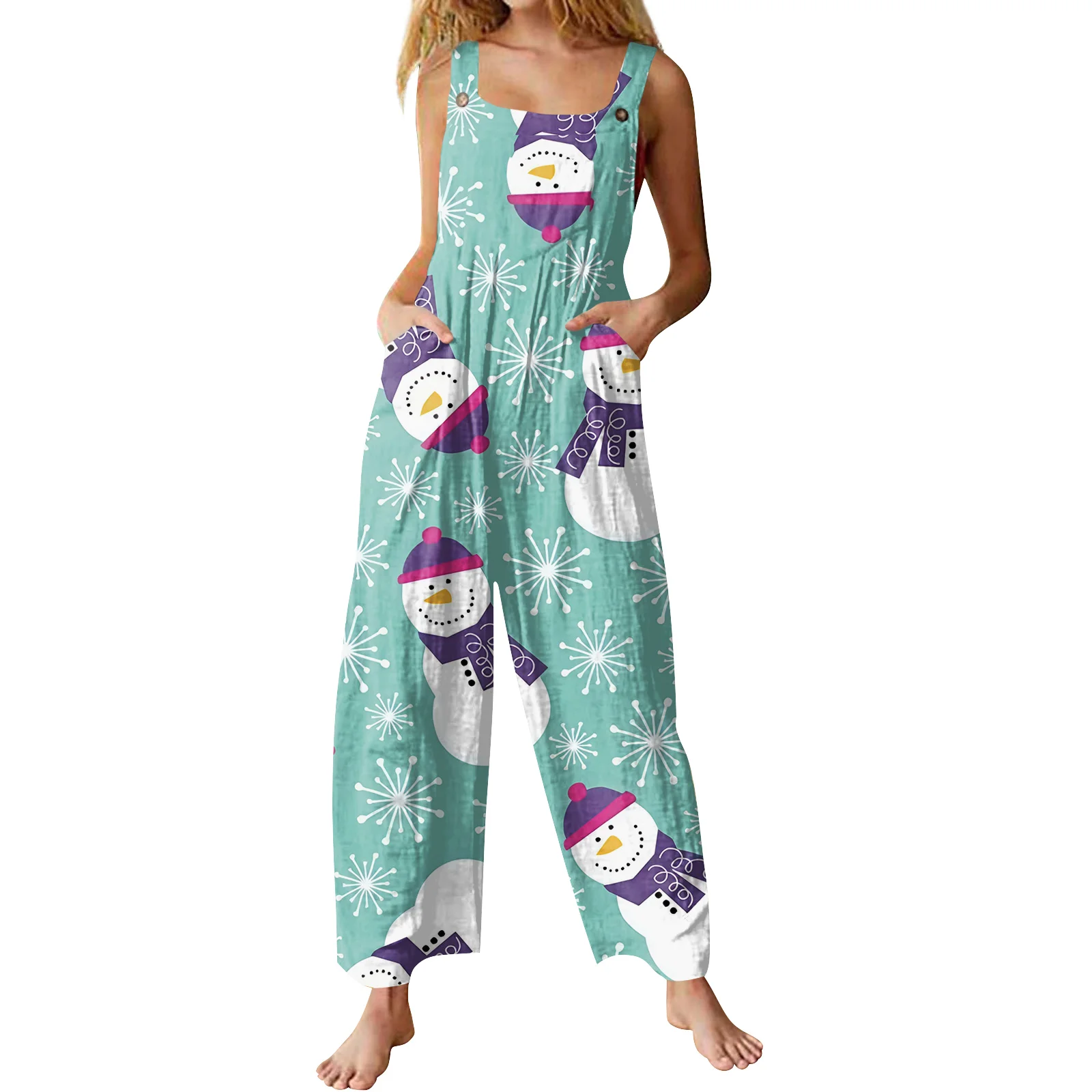 Christmas Theme Print Casual Retro Sleeveless Jumpsuit Loose Strap Jumpsuit Holiday Party Casual Clothes Jumpsuit Daily Dress up