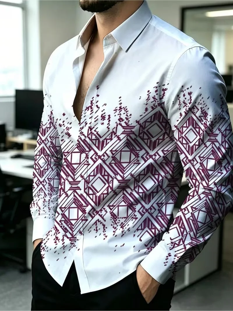 New color blocking plaid patchwork long sleeved shirt with blue purple gradient plaid light luxury men's lapel shirt
