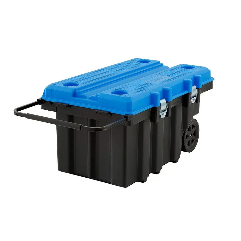 

50 Gallon Rolling Plastic Tool Chest with Work Top for Garage, Black with Blue Lid