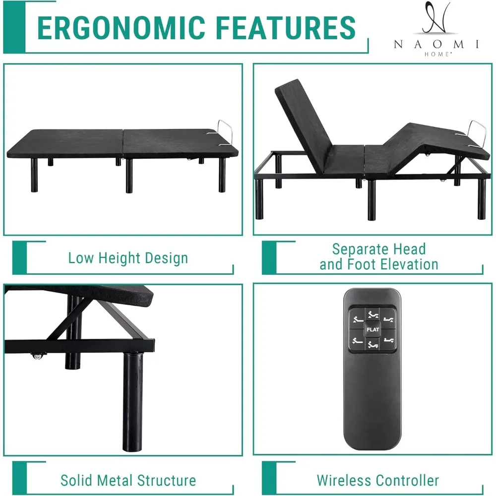 إطار سرير قابل للتعديل لتكين النوم العميق، مائل للرأس والقدم، 7 أوضاع قابلة للتعديل، جهاز تحكم عن بعد لاسلكي، سهل التجميع