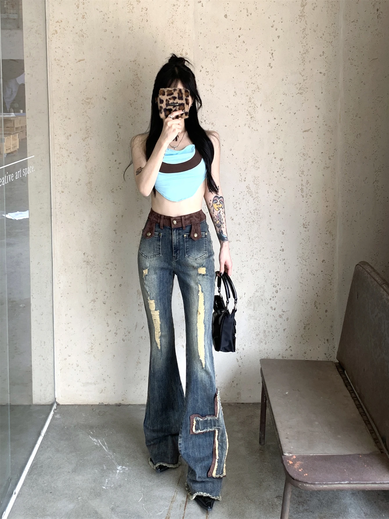 ReddaChic Cross Patchwork Bootcut Pants for Women Destroyed High Rise Slim Trousers Y2k Flare Jeans 90s Retro Korean Streetwear