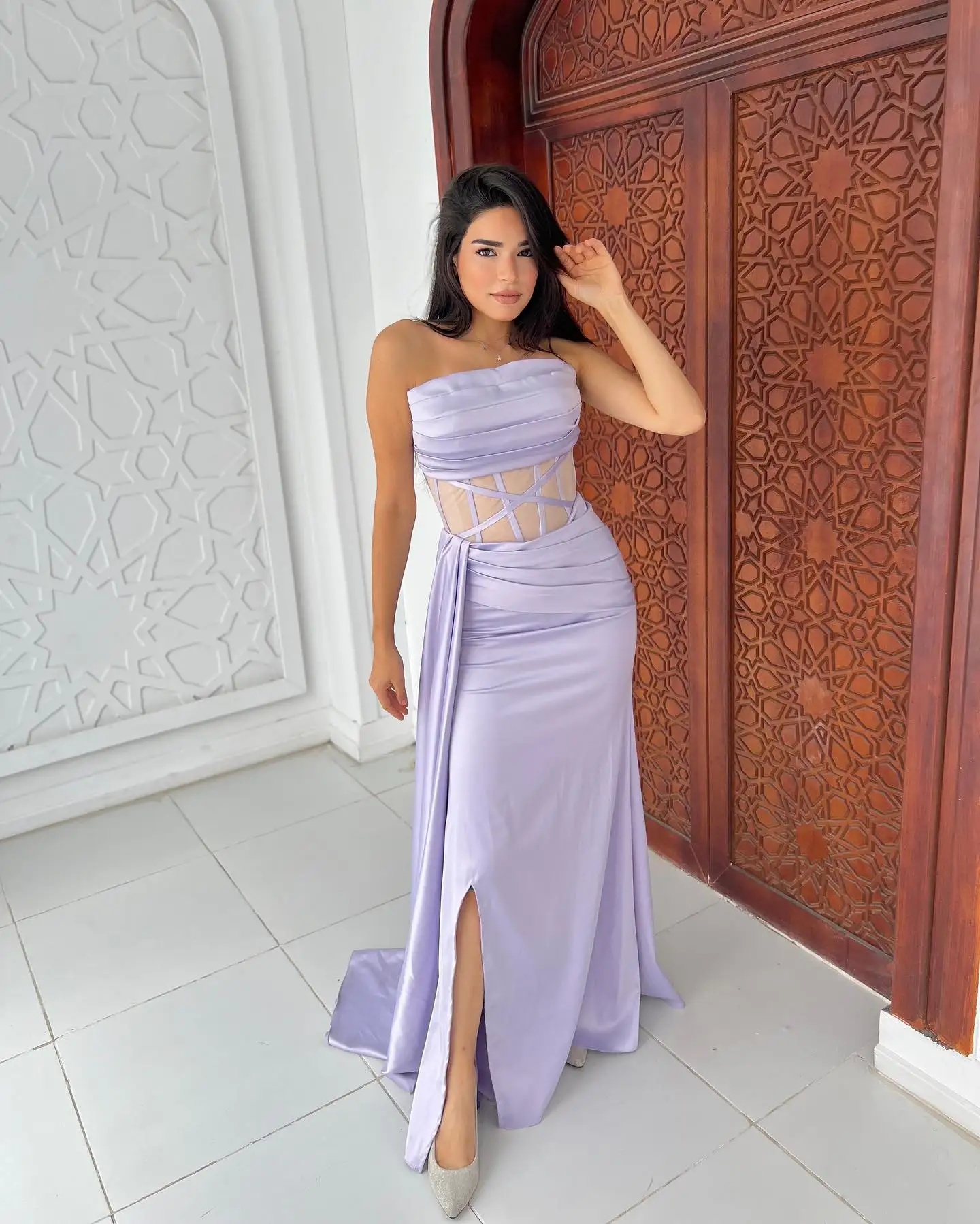 Jirocum Sexy Mermaid Evening Gown Women's Strapless Party Prom Dress Purple Pleated Tiered Side Slit Formal Occasion Dresses