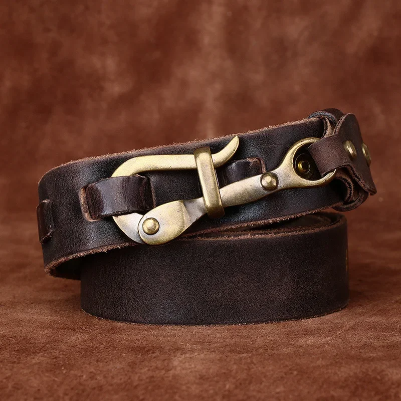 3.8cm Men Leather Retro Knight Belt Distressed Copper Hook Lock Layer Cowhide Personalized Niche Men's Genuine Leather Belts