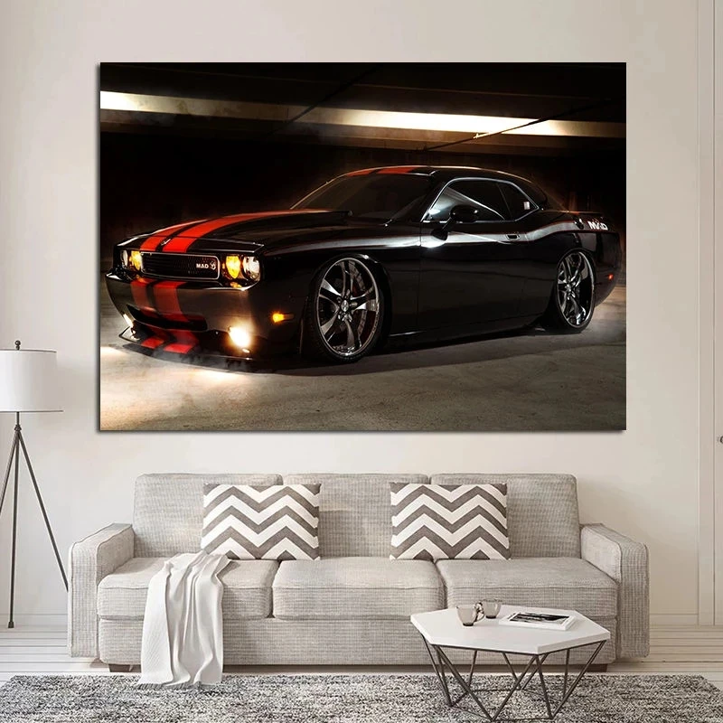 Black Dodge Challenger with Red Stripes Vehicle Modern Wall Art Picture and HD Prints Canvas Painting for Living Room Home Decor