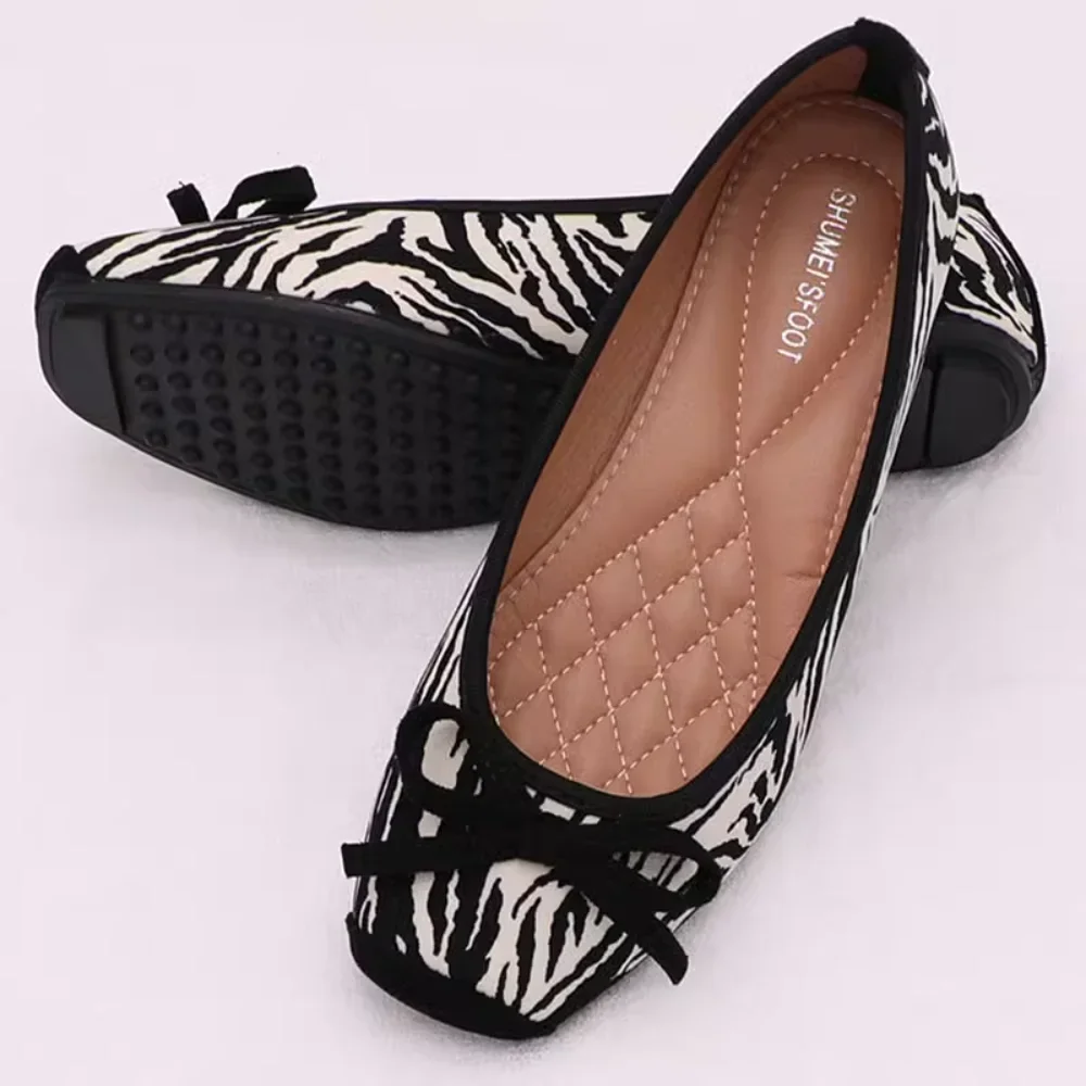 2025 Korean Fashion Color Block Bow Square Head Leopard Pattern Zebra Pattern Bean Shoes Large Flat Women's Shoes
