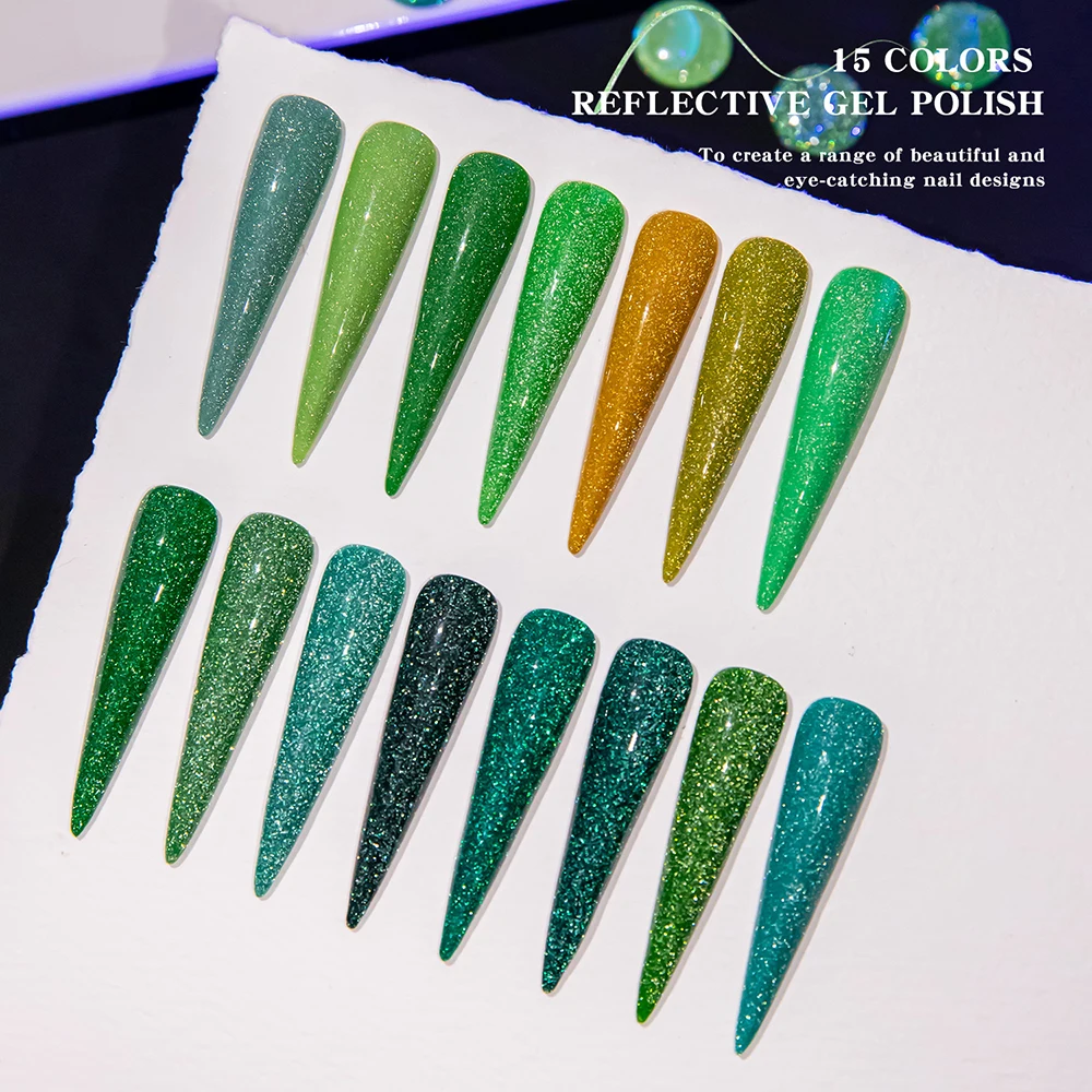 Vendeeni TPO HEMA FREE 15 Farben Grüner Glitzer Broken Diamond Gel Nagellack Set Flash UV LED Soak Off Gel Lack mit Display – Detail 5