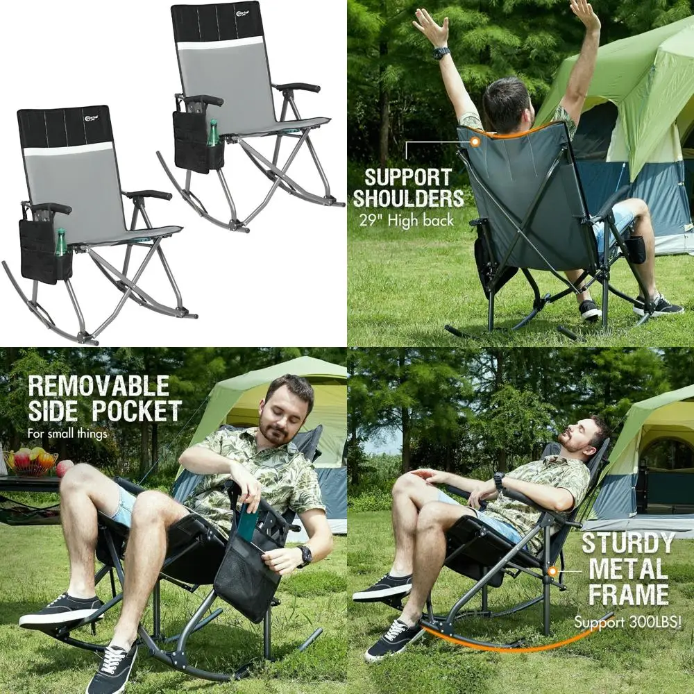 High-Capacity Oversized Folding Rocking Chair for Camping with Portable Outdoor Use, High Back and Hard Armrests, Includes Carry