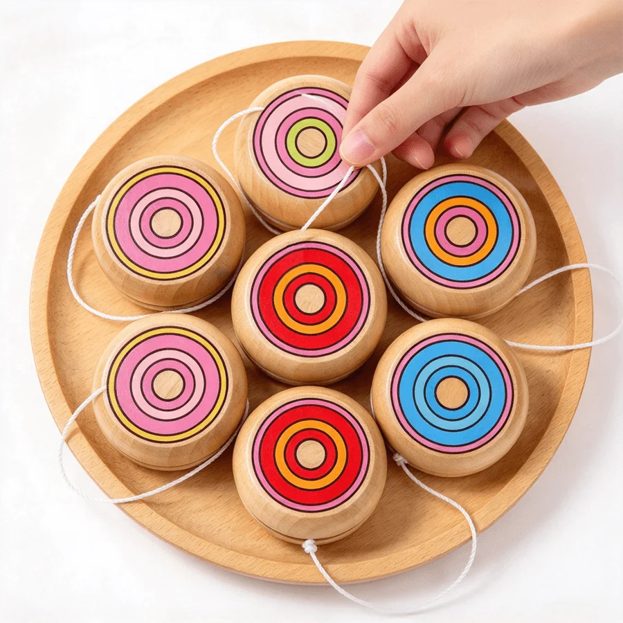 1/2/3pcs Classic Wooden Yo-Yo Balls with Bright Circle Ring Print Portable String Yoyo for Party Classroom Rewards Holiday XJM