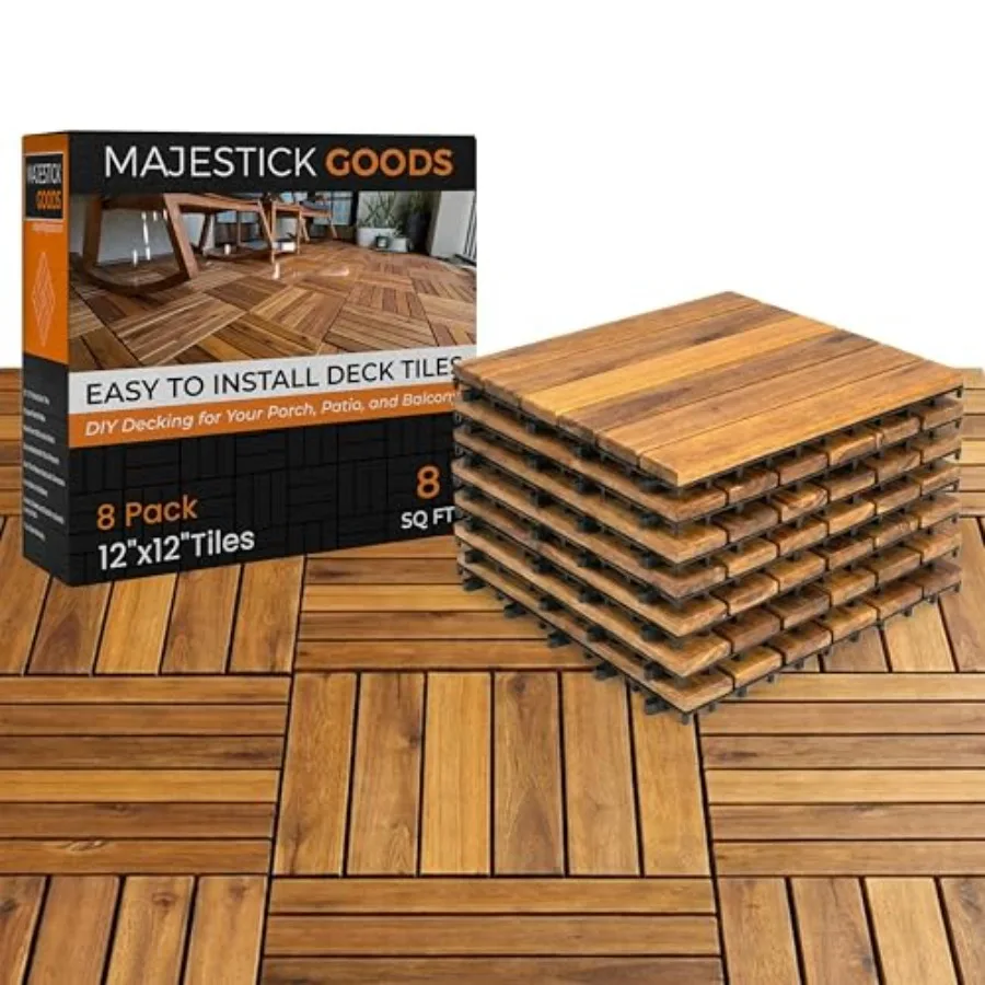 

Interlocking Long Slat Deck Tiles 12"x12" Stylish Patio Tiles for Outdoor Flooring Durable Acacia Wood, Easy to Install for Por