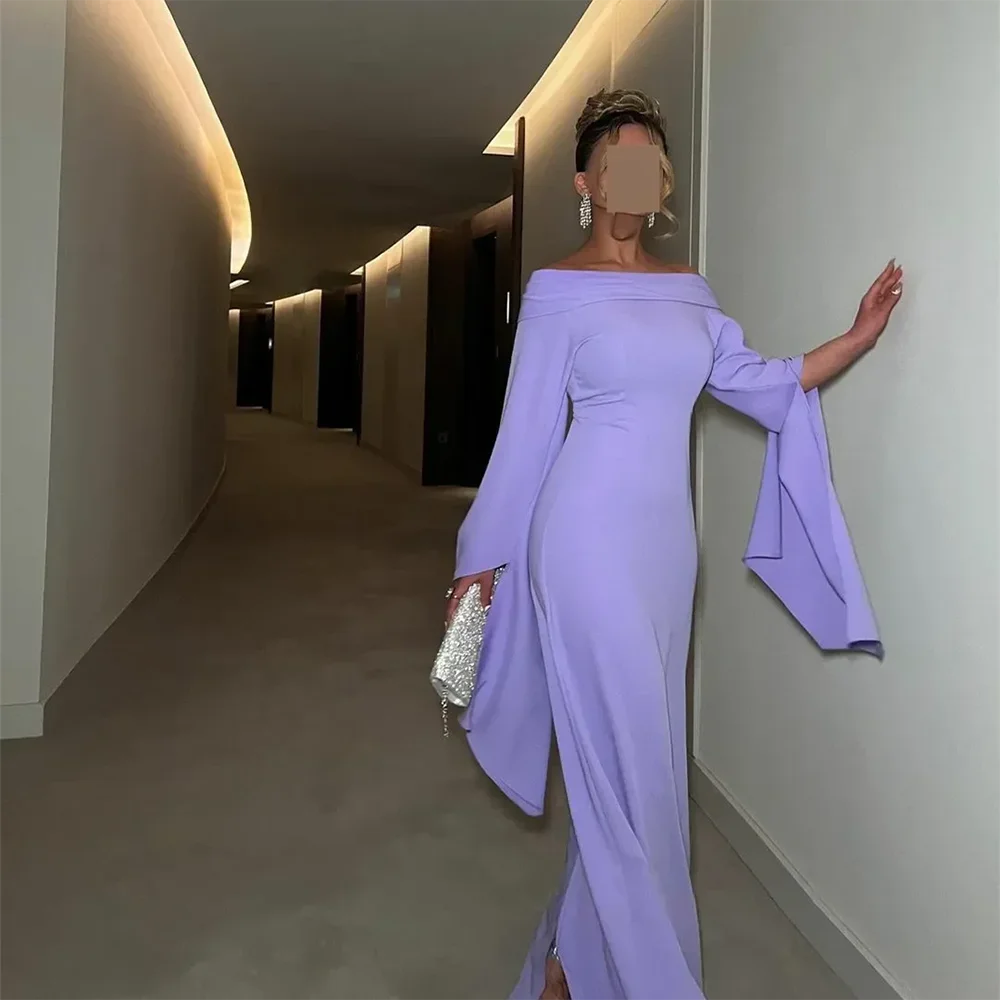 فساتين سهرة أرجوانية مخصصة أنيقة قبالة الكتف وأكمام طويلة مطوي حورية البحر فساتين السهرة طول الأرض فستان الحفلة الراقصة