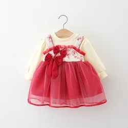 Baby Girl Dress Spring And Autumn Bowtie Mesh Girl Princess Dress Cute Red One Year Old Dress Girl Clothing