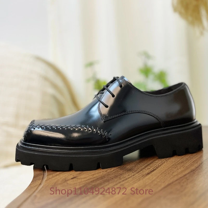

High-end Handmade Leather Shoes Men's Glossy Cowhide Square-toe Casual Business Dress Shoes Male Genuine Leather Black