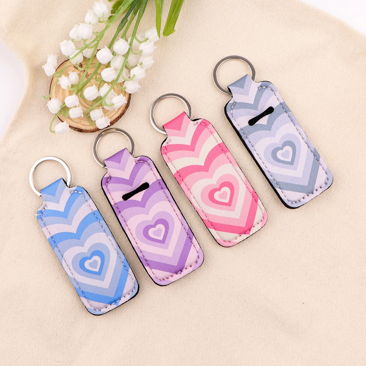 Love Heart Colorful Clip on Lipstick Holder Keychain Print Fashion Keyring Trendy Lip Balm KeyChain Bag Charm Travel Accessories