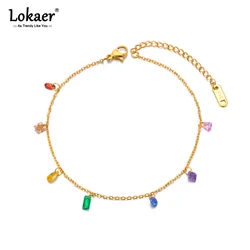 Lokaer Fashion Colorful Cubic Zirconia Stainless Steel Anklet For Women Waterproof Gold Color Chain Zircon Trendy Jewelry A24003
