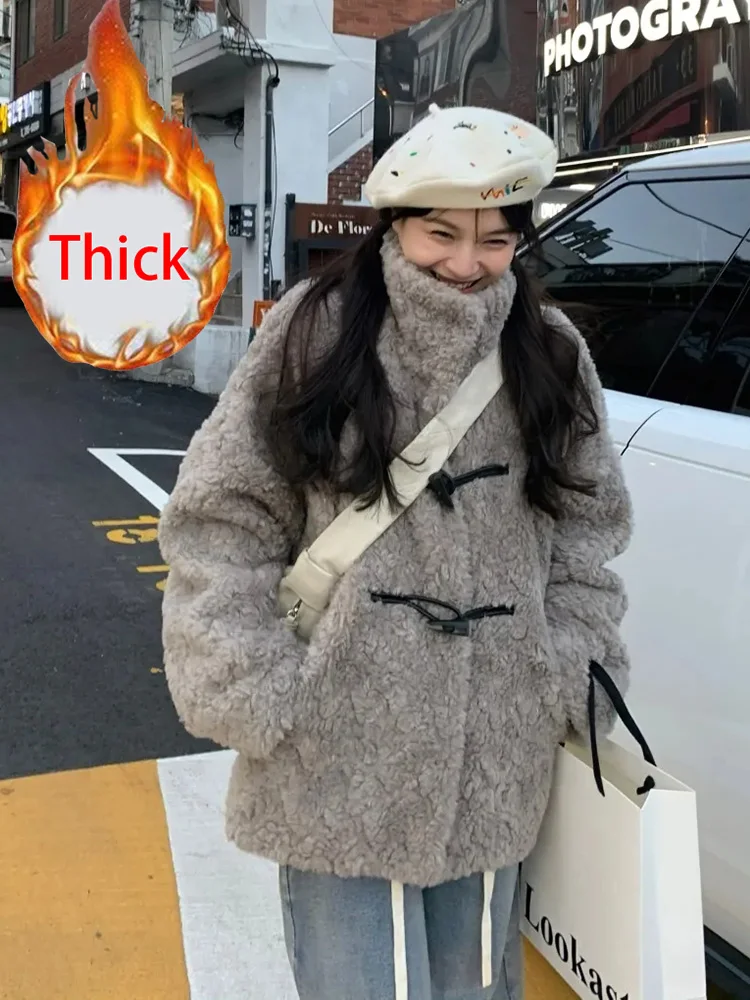 

Gray Faux Lamb Coat Women Vintage Loose Korean Winter Warm Jacket Casual Thick Stand Collar Female Sweet Preppy Style Retro Tops