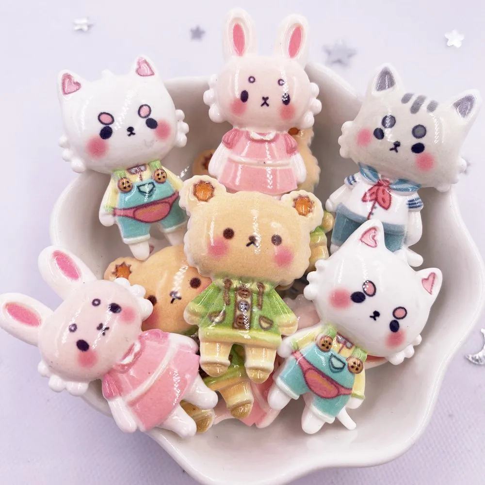 Hand Painted Resin Kawaii Colorful  Rabbit Cat and Bear Flatback Stone Figurine 8PCS Scrapbook DIY Decor Craft Accessories OM202