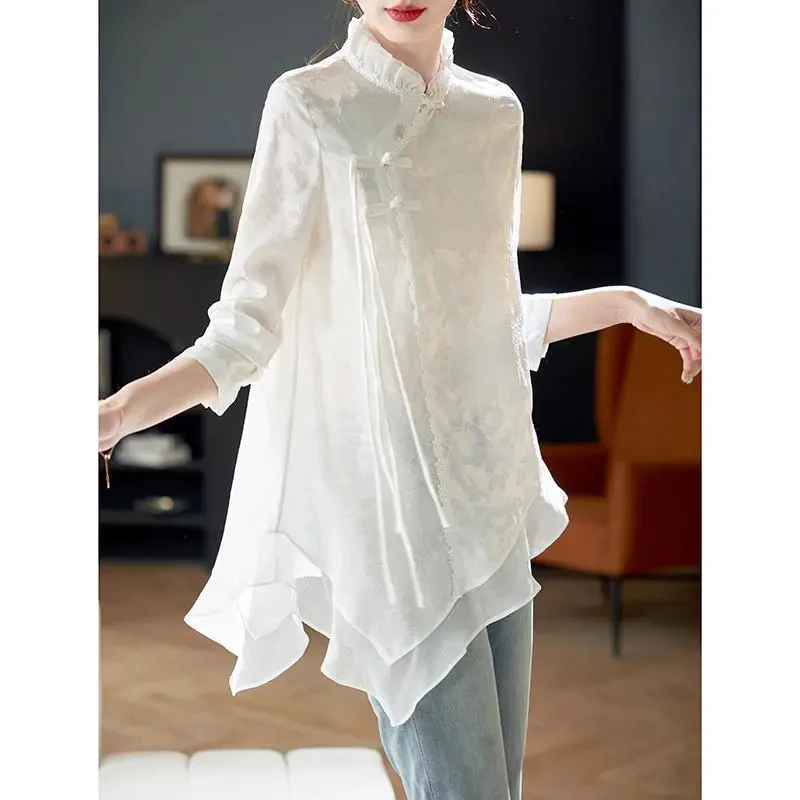 

Spring Summer chinese style disc buckle stand collar qipao top fashionable top vintage Jacquard Long-sleeve chiffon blouse