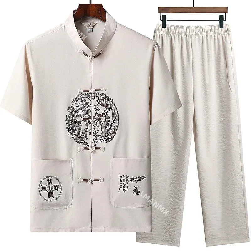 

Traditional Chinese Retro Tang Suit Hanfu Dragon Embroidery Kung Fu Tai Chi Uniform Oversized Summer Short Sleeve Linen Clothing