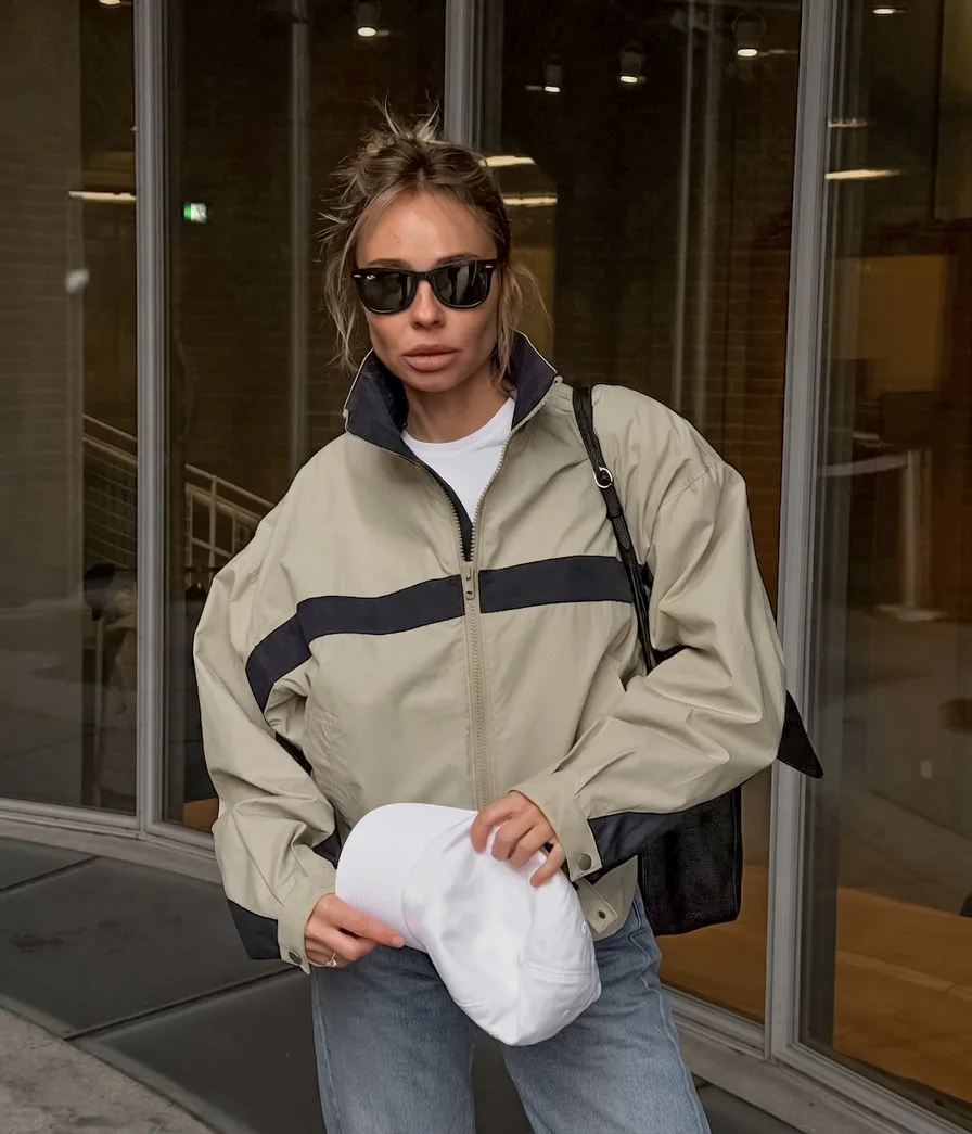 Khaki Jackets Women 2026 Autumn New Chic Color Blocking Stand Collar Zipper Thin Coats Lady Casual Streetwear Jackets Coats