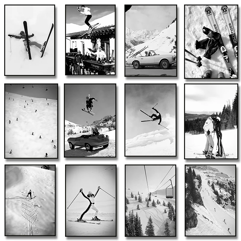 Black White Vintage Ski Photo Poster People Skiing Jumping Snow Mountain Canvas Painting Wall Art Print Picture Room Home Dec