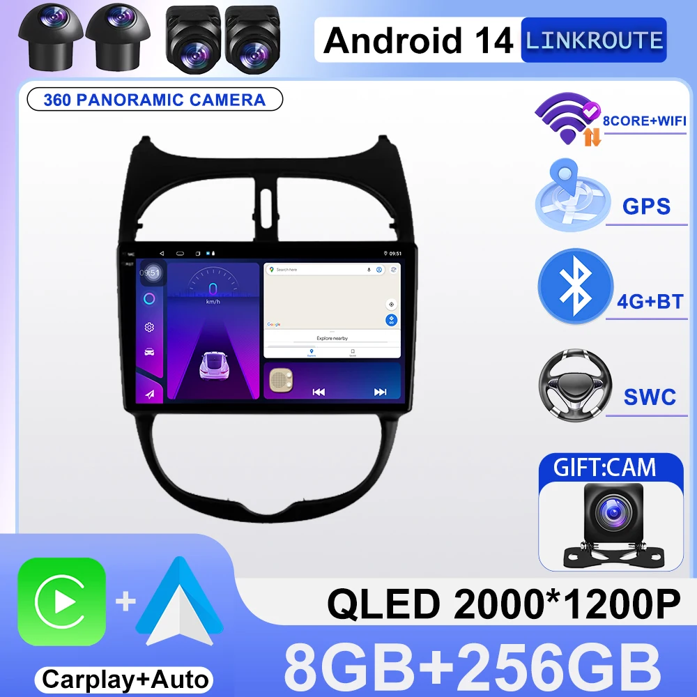 

Car Radio Carplay Android For PEUGEOT 206 206CC 206SW 2000-2008 Multimedia Video Player Touch Screen Navigation GPS Auto Stereo