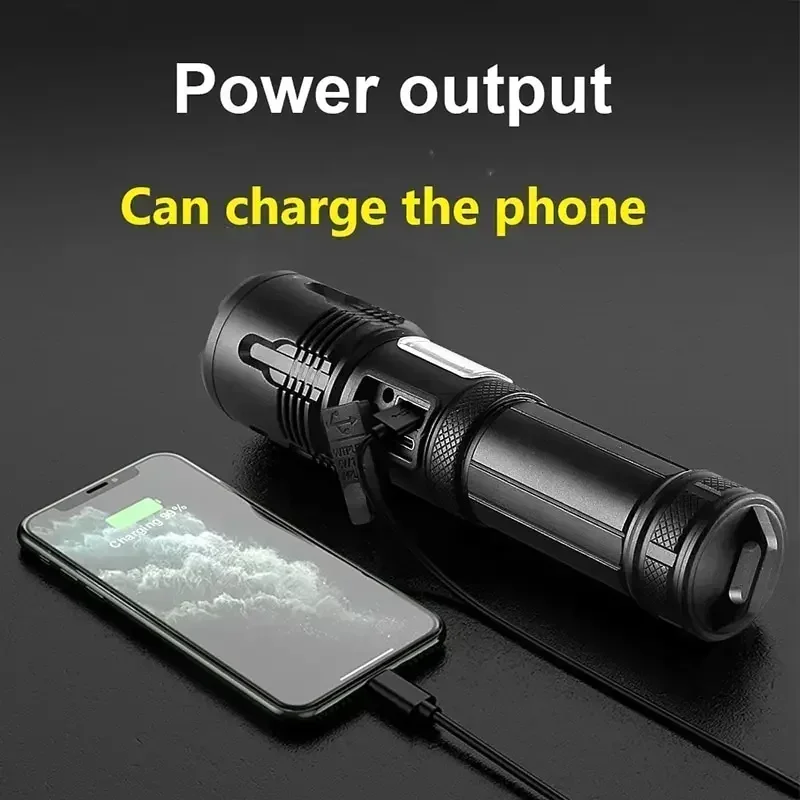 Heinast High Power Flashlight Tactical COB USB Charging Outdoor Zoom Hiking Camping Hunting Fishing Handheld Patrol Light Torch