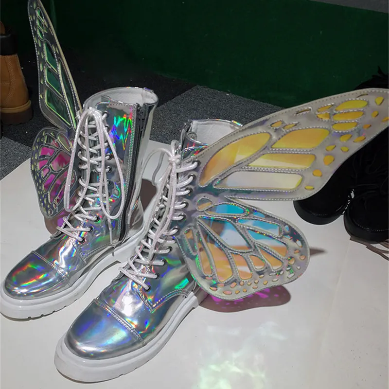 Butterfly Wings Women Shoes Shine Silver Leather Flat Sneakers Lace Up Women\'s ankle boots high-top Leisure Platform Shoes 2024