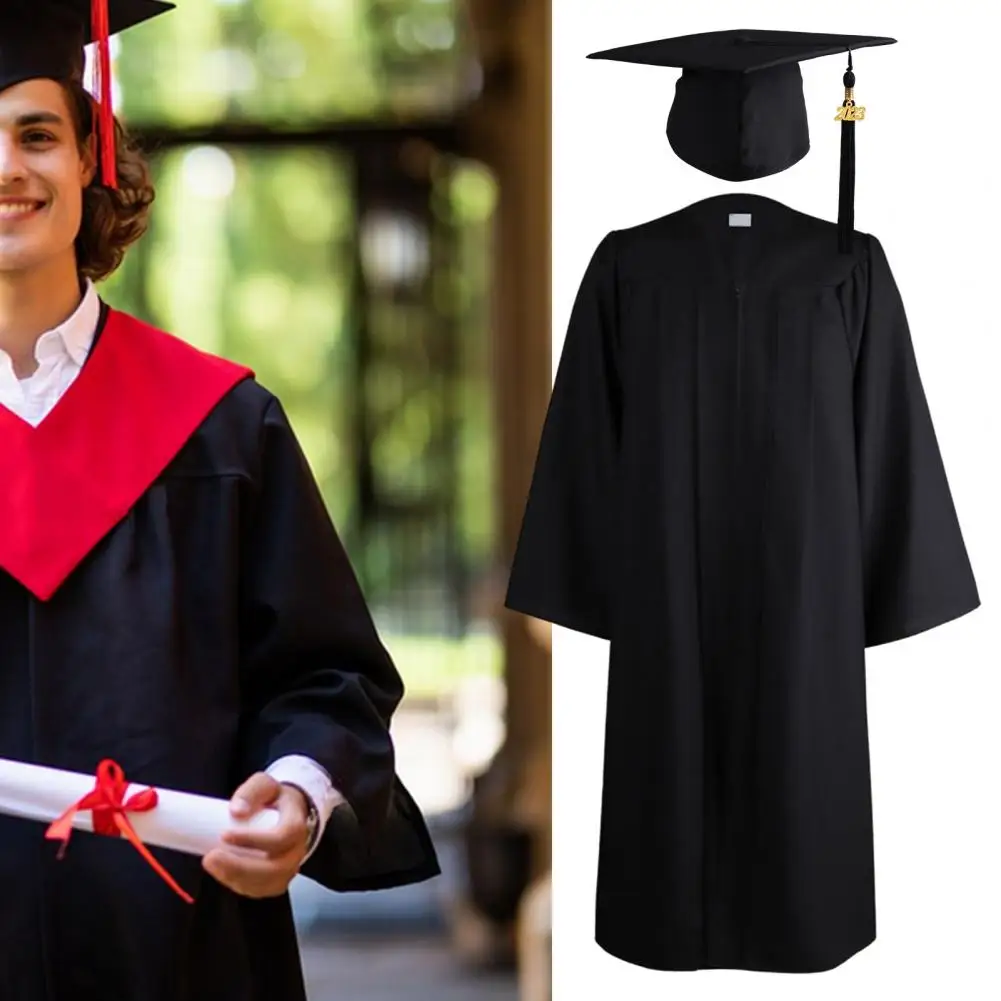 2023 Unisex College Graduation Gown Hat Set Clothing with Tassel Zipper Closure Loose Cardigan Dress-up Black Graduation Uniform