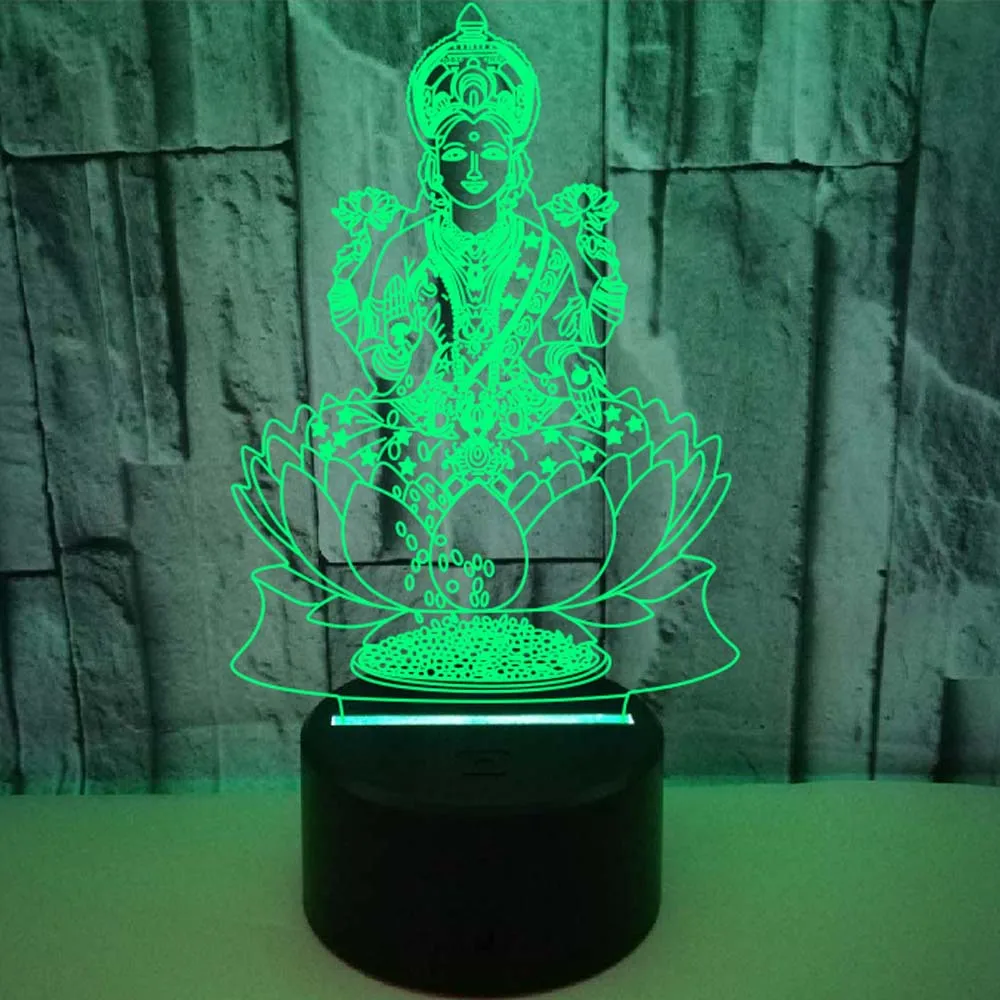 Lampu ilusi 3D lampu malam, lampu malam ilusi 3D Dewa Kekayaan Lakshmi, lampu malam 7 warna, lampu meja USB akrilik, hadiah Dekorasi Rumah