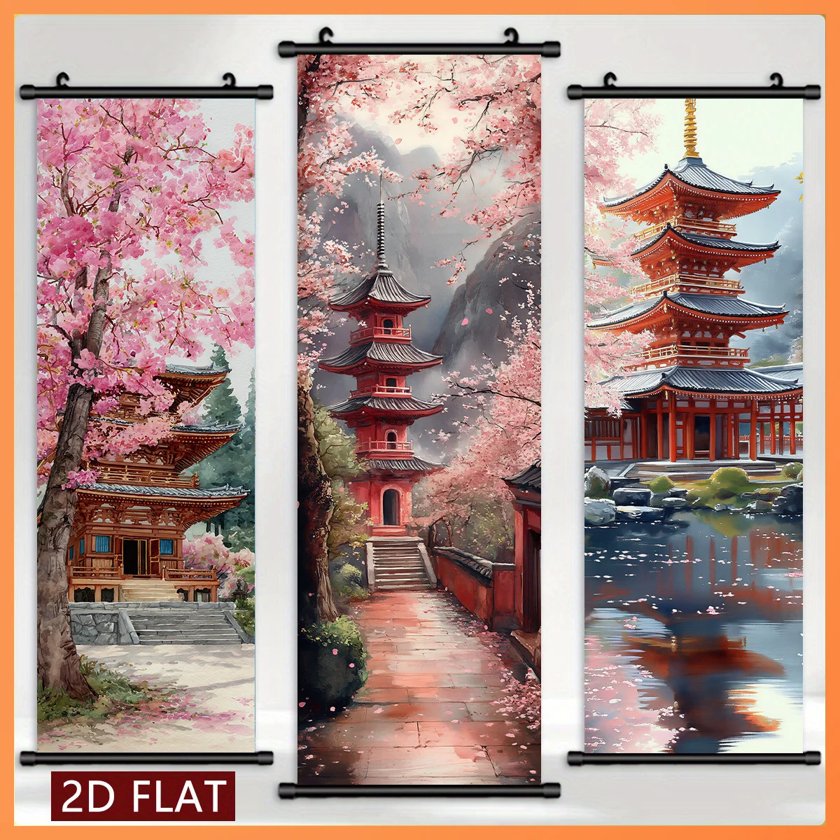 VIKAMA Japanese Cherry Blossom Pagoda 3 Piece Wall Scroll Tapestry Set Watercolor Painting Wall Art Decor for Living