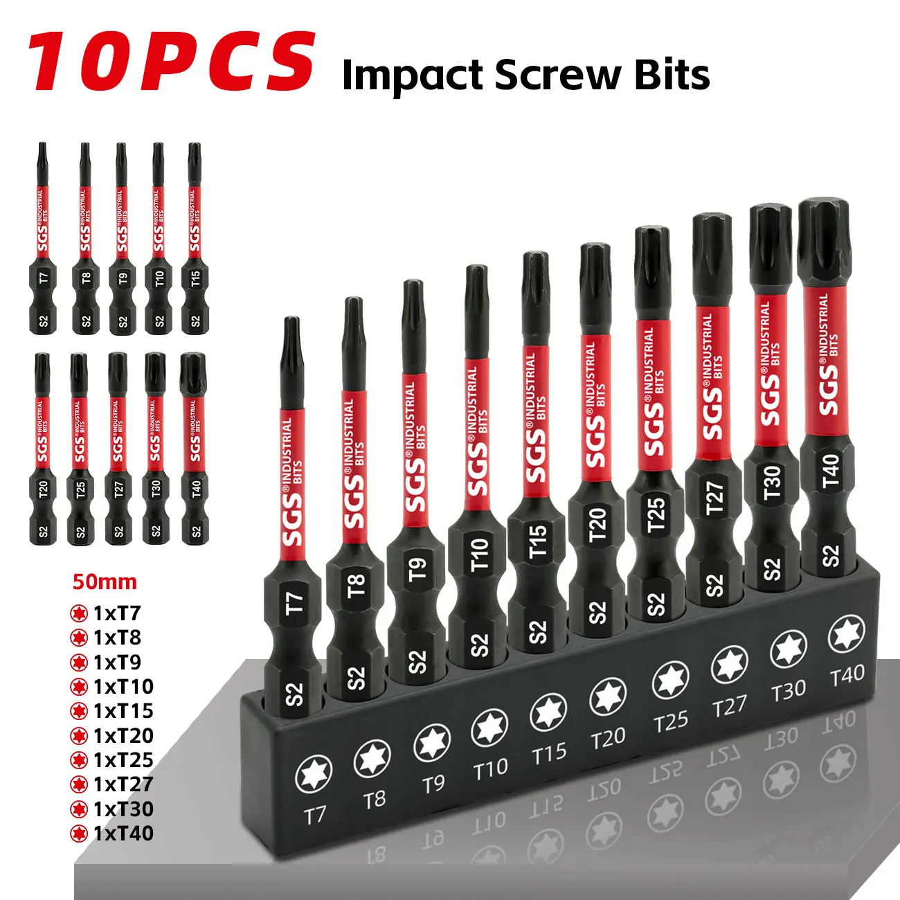 10-Piece Magnetic Star-Shaped Bit Set, Model: T7/8/9/10/15/20/27/25/30/40, Length 50mm, Professional S2 Alloy Tool Steel, Impact Drill Screwdriver Bits, Widely Applicable for Car Repair, Appliance Repair, Electronic Product Repair, and Home DIY Installation