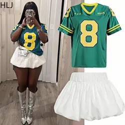 HLJ Green Fashion Letter Print Basketaball Tshirt Two Piece Sets Women V Neck Loose Top And Bubble Mini Skirt Outfits Streetwear