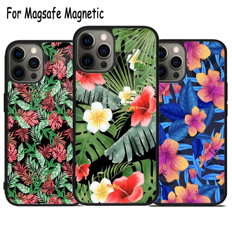 Tropical Hibiscus Turquoise Floral Pattern Wireless Magsafe Phone Case For iPhone 15 16 14 13 11 12 Pro Max Plus Magnetic Cover