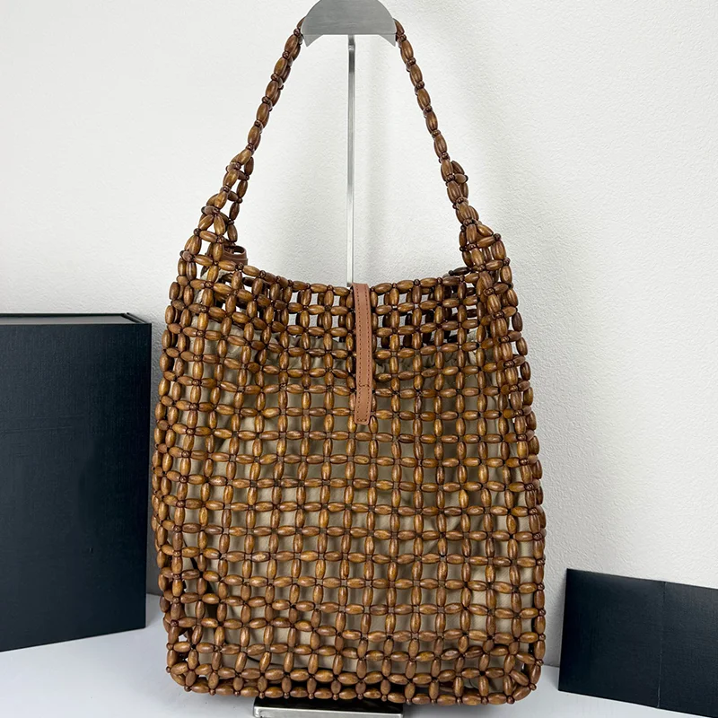 

High Quality Women's Tote Bag Handmade Retro Wooden Bead Woven Handbag Fashionable Armpit Bag 2025 New Model with Small Wallet