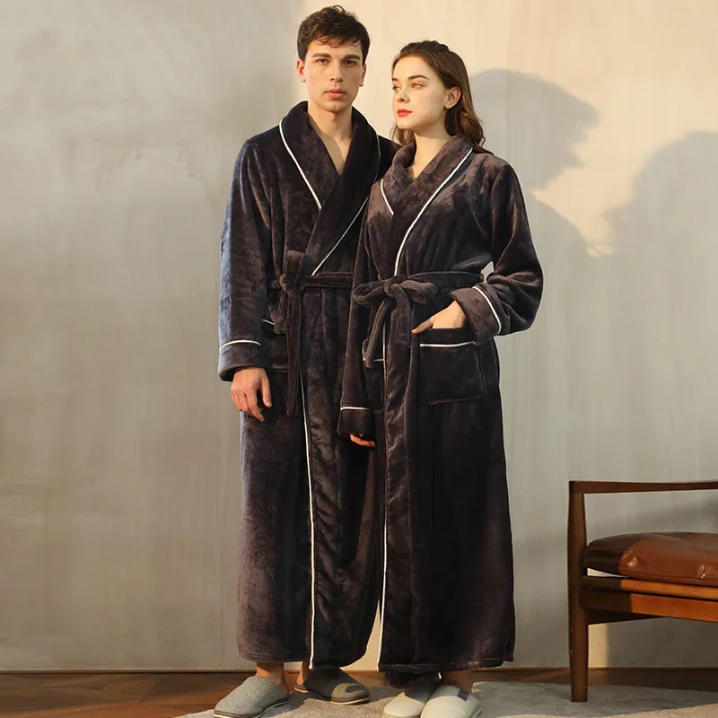 Autumn Winter Plus Size Thickened Warm Couple Flannel Long Robe Sleepwear New Bathrobe Gown Coral Fleece Home Wear