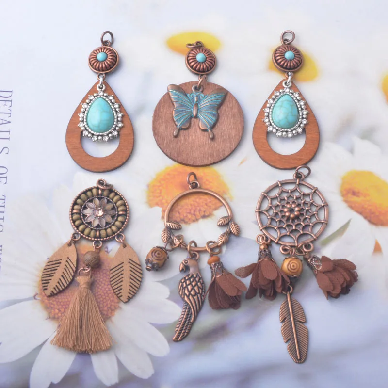 4 Stück Bohemian Herbst- und Winter-Stil Kaffee-Quasten-Ohrringe Traumfänger-Vogel-Stimmungsanhänger DIY Damen-Ohrringe Halskette – Detail 6