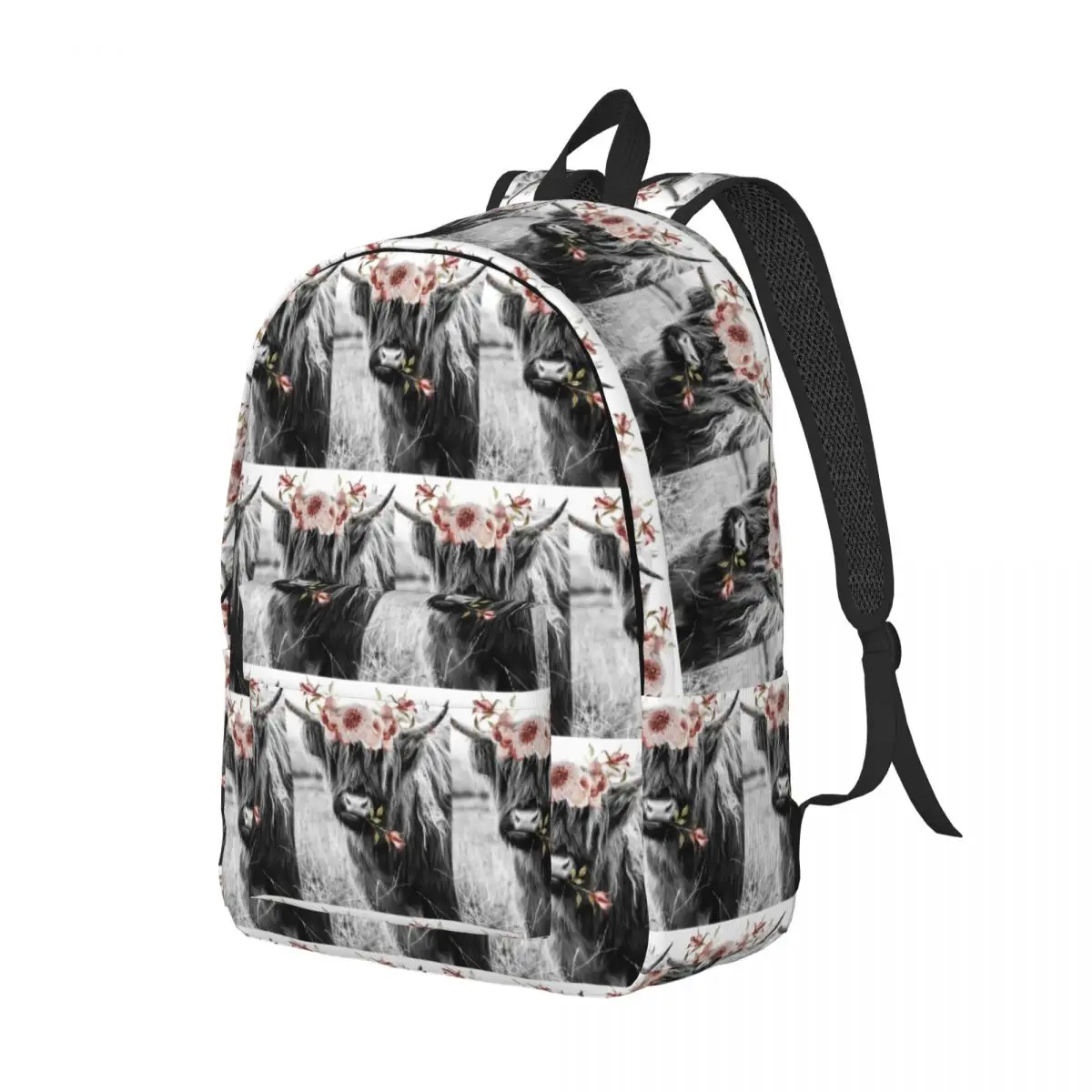 

Highland Cow Portait With Flowers Backpack Daypack Large Capacity Children BookBag School Bag Shoulder Bags for Men Women