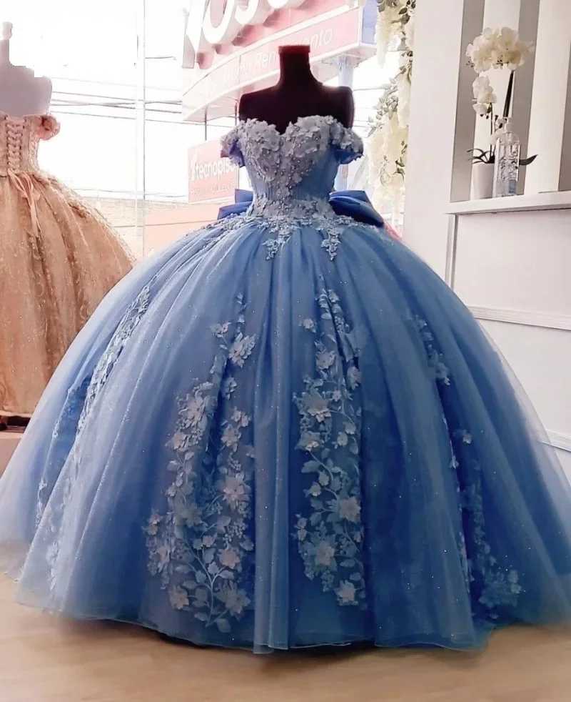 

Glittering Sweetheart Princess Quinceanera Dress 3D Floral Applique Off-Shoulder Vestidos De 15 Anos Birthday Party Dress Bow