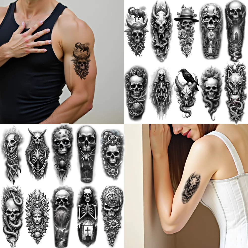 12pcs Temporary Tattoo Animal Tattoos Realistic Temporary Tattoos Skull Tattoos Black And Grey Realism For Women Arms Thighs