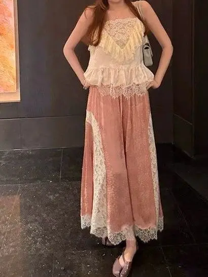 Romantic Lace Splicing Design Summer Vacation Beach Style Wide Leg Pants Floral Embroidery Straight Cut Fairy Atmosphere Wome...