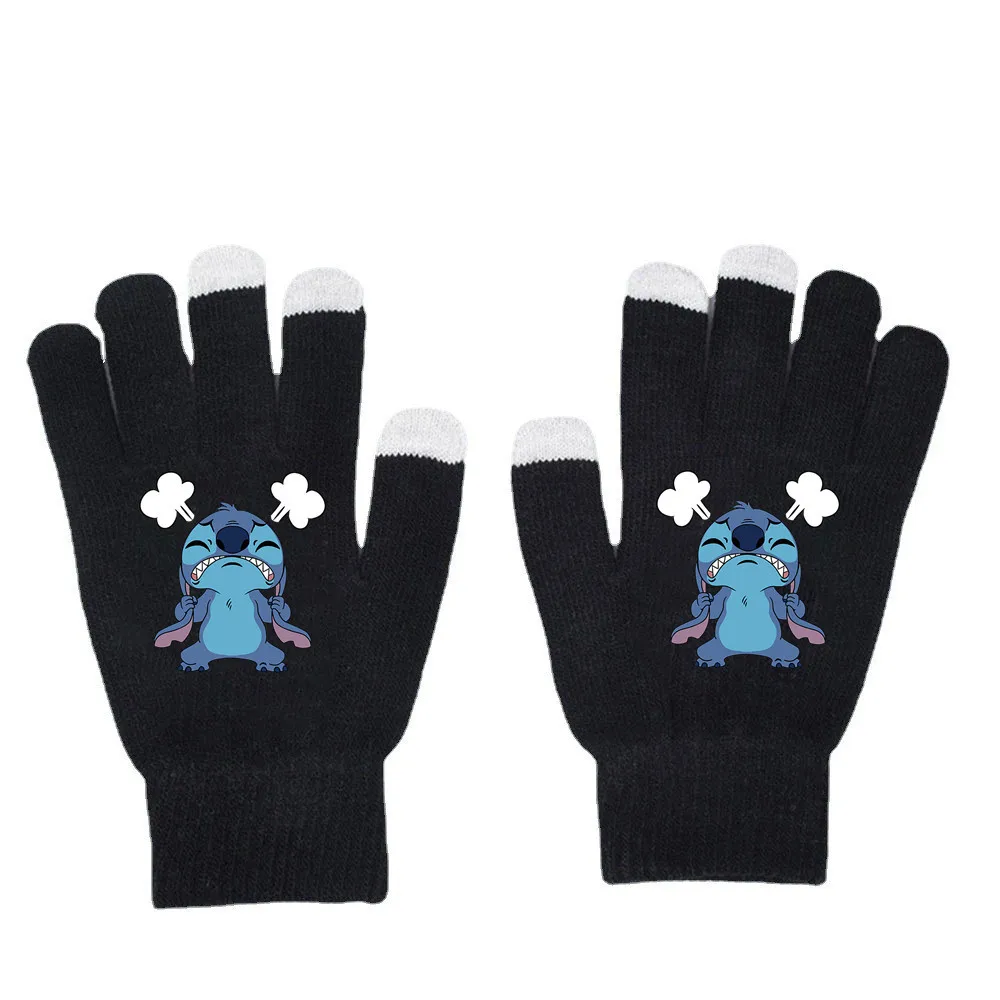 Disney Lilo Stitch Knitted Hat Gloves Kids Winter Warm Black Fishnet Mittens Cap Anime Figure Cartoon Headgear Decoration Gifts