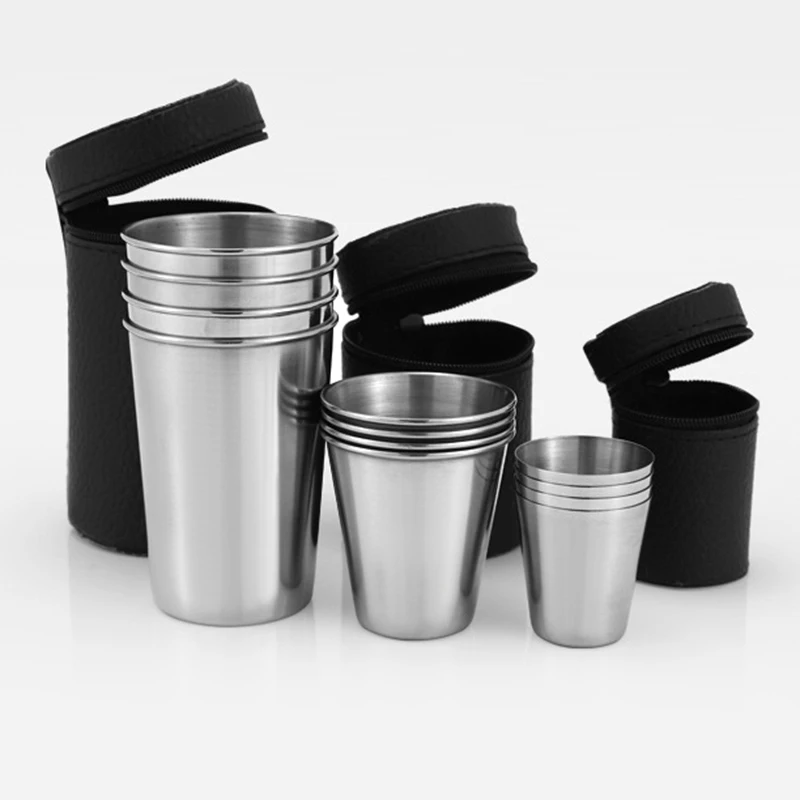 4Pcs Set Outdoor Camping Cup Tableware Stainless Steel Travel Cups Set with Case Picnic BBQ Beer Cups Portable Coffee Drinkware