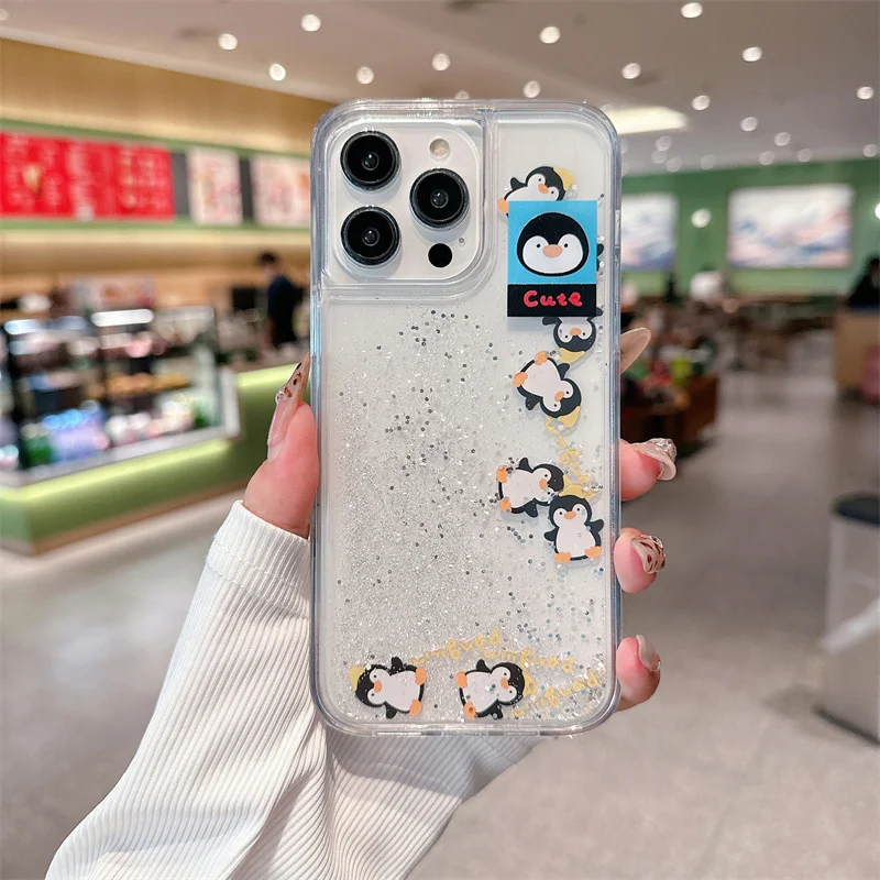 Cute Penguin Sliders Quicksand Case for iPhone 15 16 Pro Max 14 Cover Shell Anime Puppy Bear Glitter Sand Liquid Hard Funda Capa