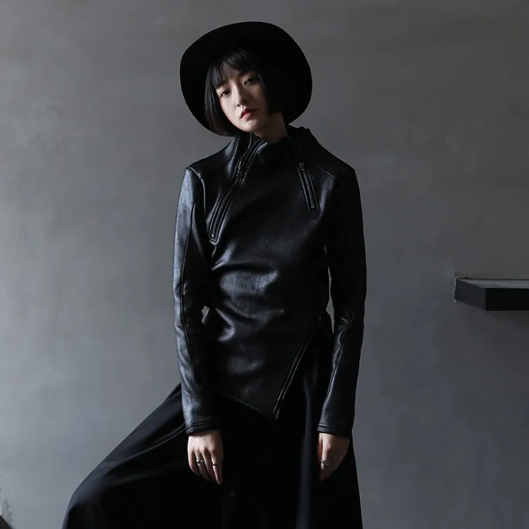 Dark Style Irregular Stand Collar Diagonal Zipper Faux Leather Sweatshirt Female Cool Black Gothic Jacket Fleece Lining Pullover