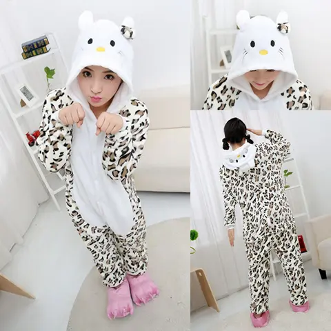 Miniso Leopard Hello Kitty Footed Anime Onesie Cosplay Costume Pajamas For Adults Halloween Home Sleepwear