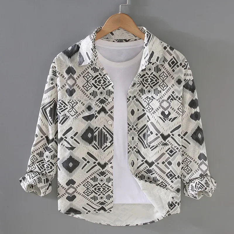 

Мужские рубашки с принтом в этническом стиле, японская уличная одежда, модные мужские рубашки, повседневная рубашка на пуговицах из чистого хлопка, молодежные свободные рубашки