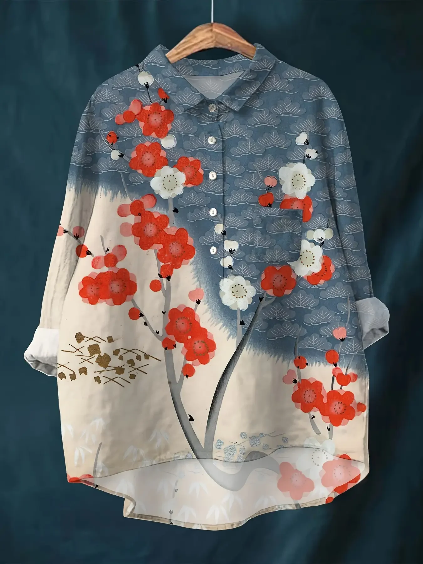 

New women's casual loose geometric printed button up shirt, collar, long sleeves and pockets,Strawberry Flower Pattern.
