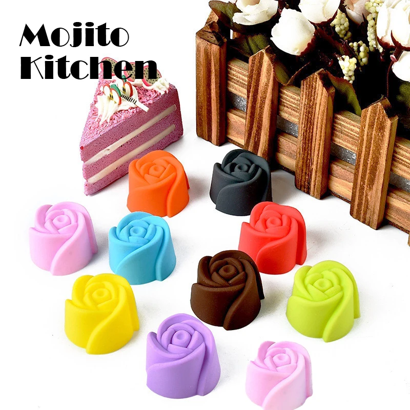 10pcs Rose Mold DIY Food Grade Silicone Mini Cupcake Cake Tool Muffin Cookie Baking Molds Chocolate Soap Pastry Decorating Set