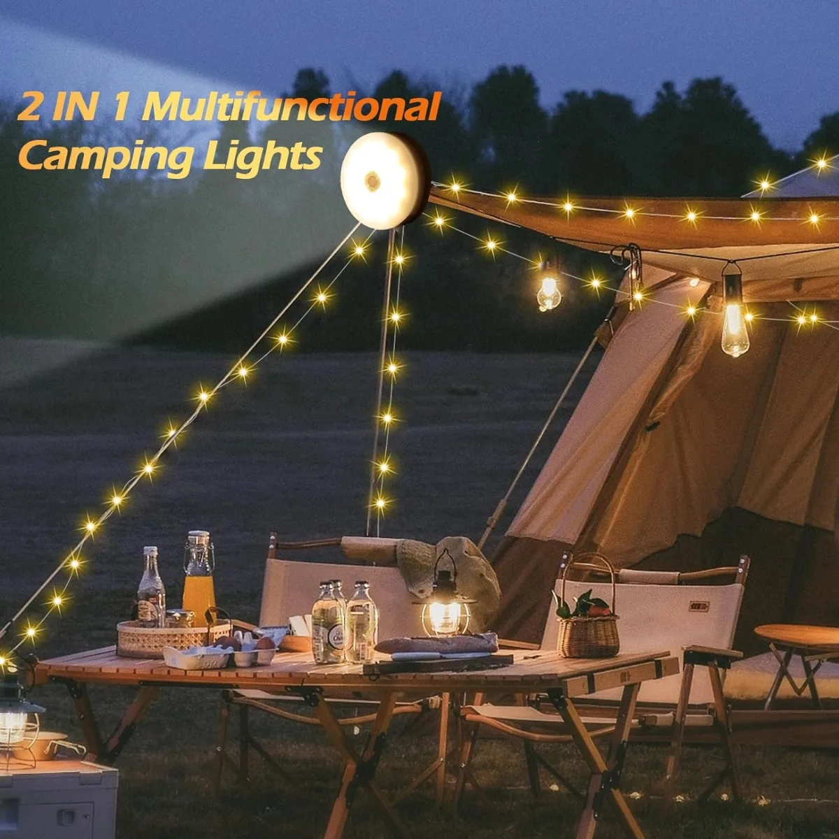 2 in 1 Solar Camping String Lights 8 Modes Outdoor Portable Lights USB Rechargeable Waterproof Camping Lantern Hiking Tent Yard