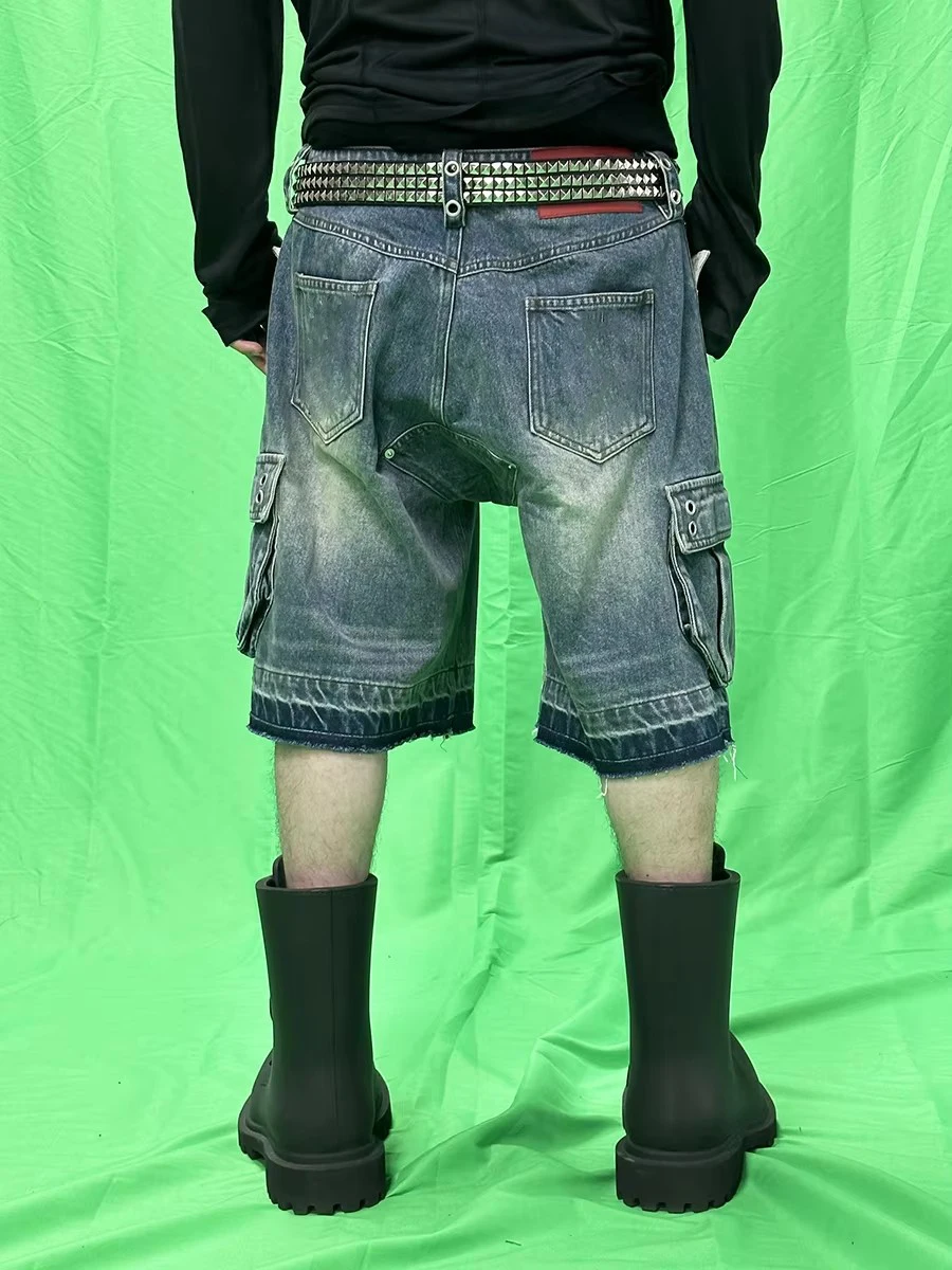 REDDACHIC الرجال جيوب كبيرة شعيرات واسعة الدنيم السراويل تفعل الثقوب المتوترة القديمة ديكور الركبة طويلة السراويل البضائع غير رسمية خمر الشارع الشهير